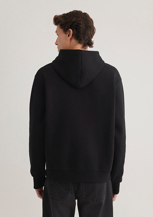 Kapusonlu Siyah Basic Sweatshirt - Mavi фото 4