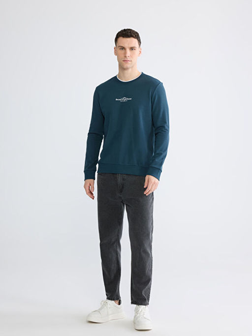 Bisiklet Yaka Bask?l? Erkek Sweatshirt