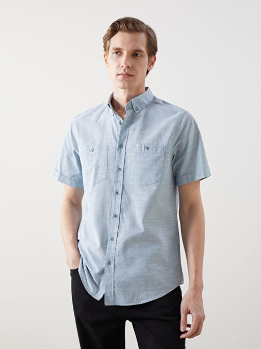 Regular Fit K?sa Kollu Keten G?r?n?ml? Erkek G?mlek