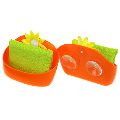 "Ромашка" Подставка для губок пластмассовая настенная на присосках, 15,5х7х11см, с губкой 12,5х9х2см, цвета в ассортименте: фуксия; оранжевый (Китай)