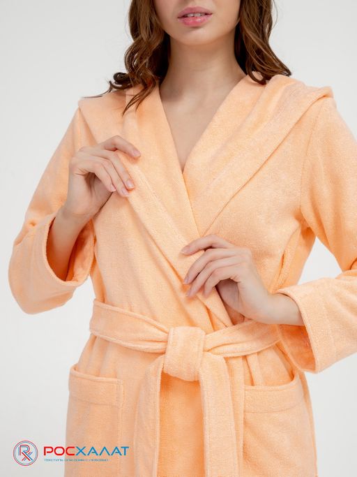 Махровый женский укороченный халат с капюшоном Персиковый МЗ-01 (32)