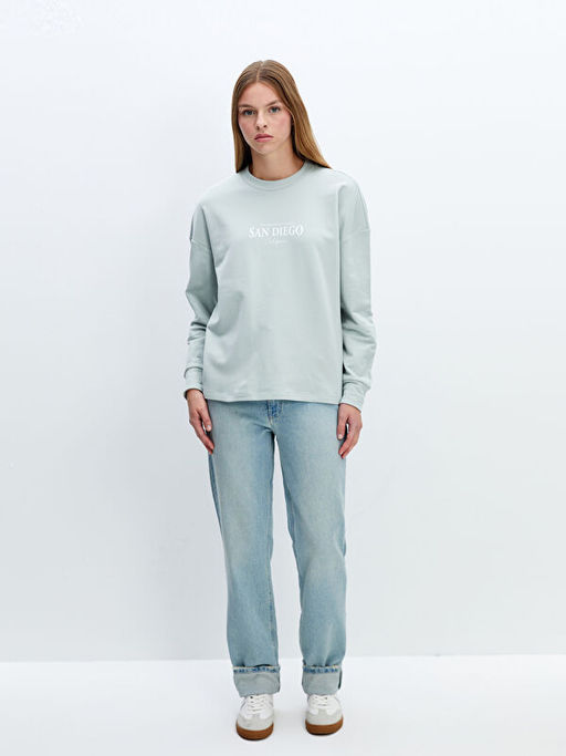 Bisiklet Yaka Bask?l? Oversize Kad?n Sweatshirt