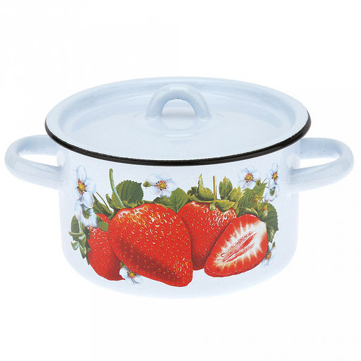 "Клубника садовая" Набор эмалированных кастрюль 3 предмета: 1,5л, д16см, h10см, 2,9л, д20см, h13см, 4,5л, д22см, h14см, цилиндрическая форма, металлическая крышка, серо-голубой (Россия)