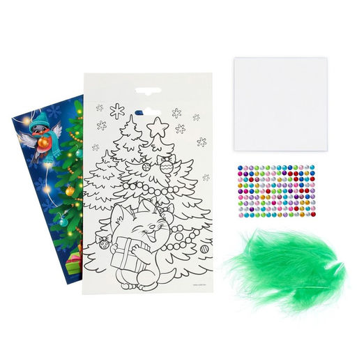 Аппликация перьями и стразами Котик у ёлки - Школа талантов фото 5