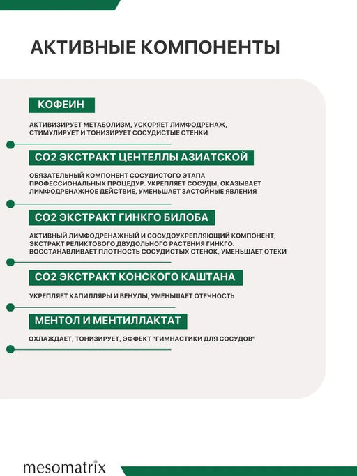Гель для ног сосудоукрепляющий охлаждающий от отеков с кофеином и троксерутином ANGIO TONUS CRYO GEL 150 мл Mesomatrix Professional  фото 5