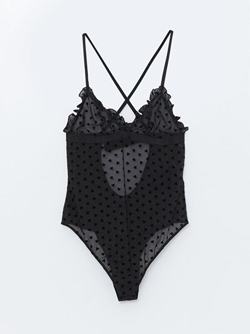 V Yaka Kalp Desenli Ask?l? Kad?n Bodysuit