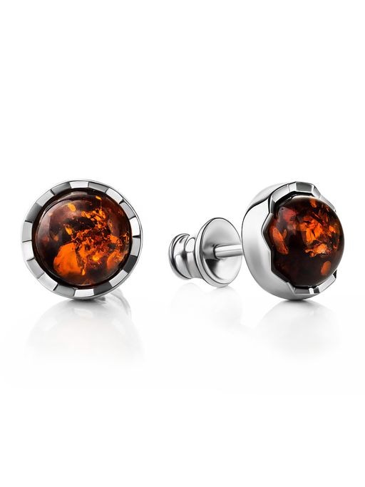 Миниатюрные серьги-пусеты с янтарём коньячного цвета Камелот