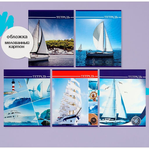 Комплект тетрадей из 5 штук, 36 листов в клетку Calligrata "Яхты", обложка мелованный картон, блок №2, белизна 75% (серые листы)
