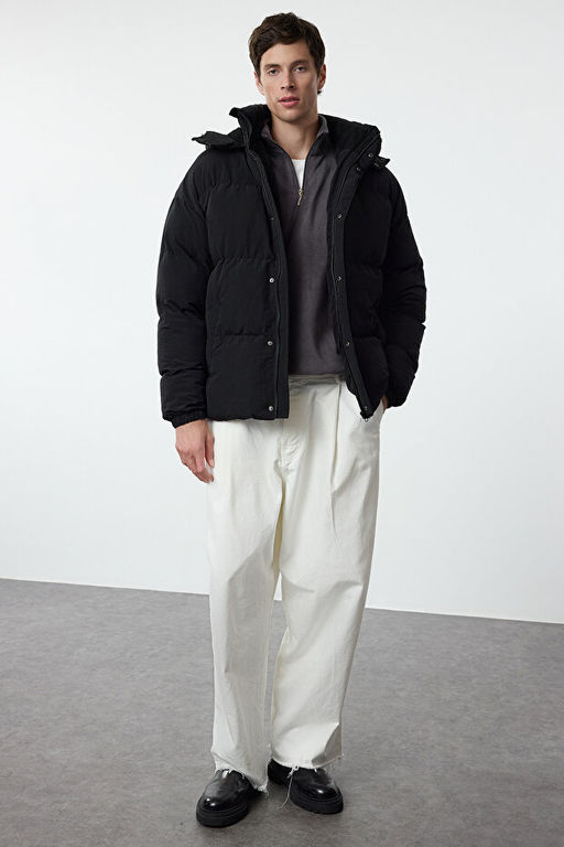 Erkek Siyah Oversize Fit Kap__onlu Taslan K__l_k _i_me Mont TMNAW25MO00005 - Trendyolmilla фото 2