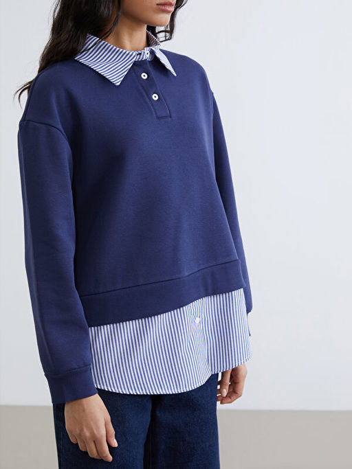 G?mlek Yaka ?izgili Kad?n Kal?n Sweatshirt Tunik