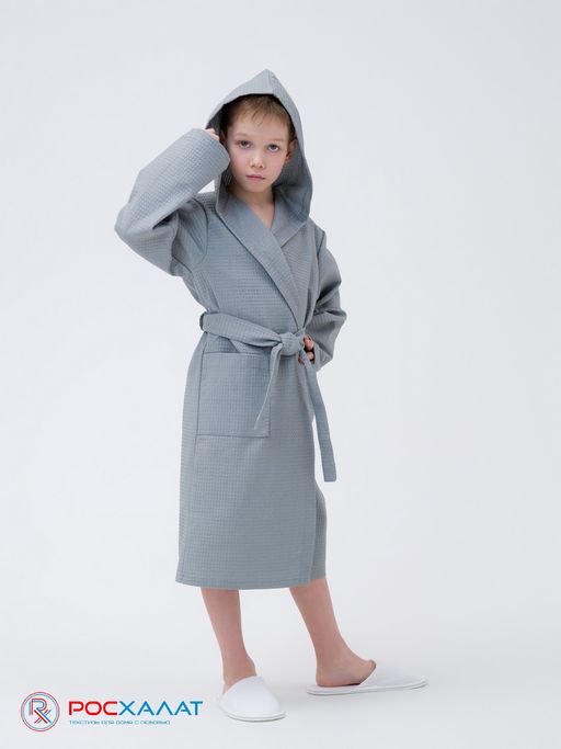 Детский вафельный халат с капюшоном серый В-07 (20)