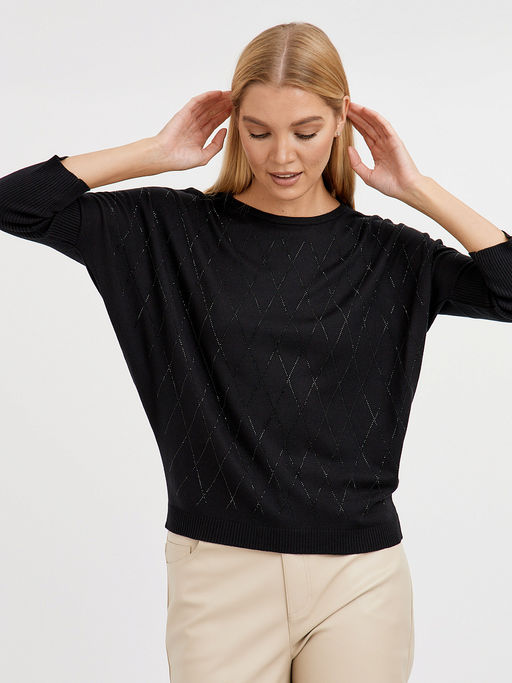 джемпер женский силуэта летучая мышь в черном цвете с ромбами из страз - Glenfield фото 3