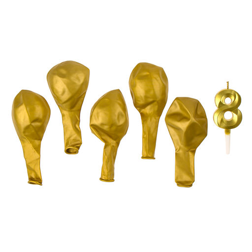 Свеча для торта, цифра 8 + воздушные шары, 5 шт, золото - Страна карнавалия фото 3