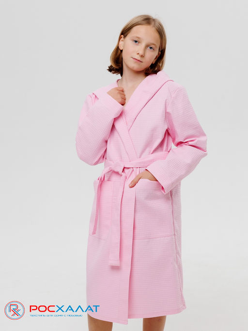 Подростковый вафельный халат с капюшоном светло-розовый В-18 (8)