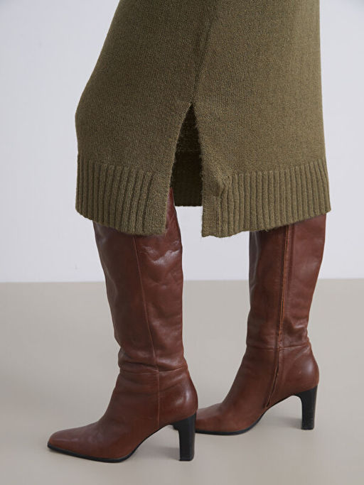 Yar?m Bal?k?? Yaka Y?rtma?l? Triko Elbise