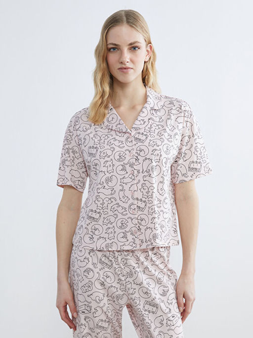 G?mlek Yaka Kedi Bask?l? Kad?n Pijama Tak?m