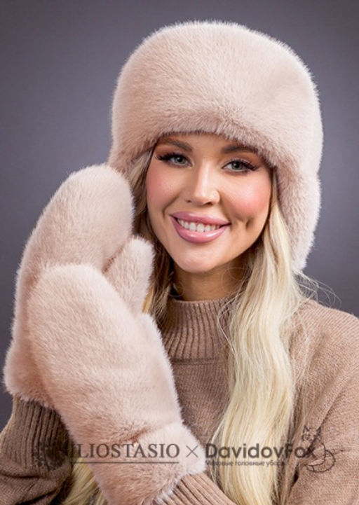 Комплект экомех ушанка, варежки бежевый