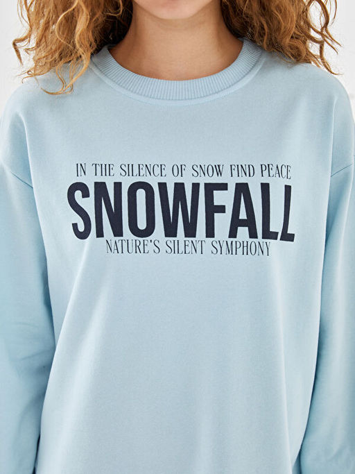 Bisiklet Yaka Bask?l? Oversize Kad?n Sweatshirt