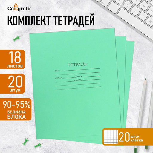 Комплект тетрадей из 20 штук, 18 листов в клетку КПК "Зелёная обложка", блок офсет, белизна 90-95%