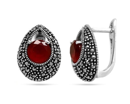 Серьги из серебра марказит, синт.рубин, SL-AGA1517