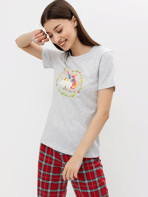 Хлопковый комплект (серая футболка с принтом и брюки в красную клетку) - Mark formelle фото 3