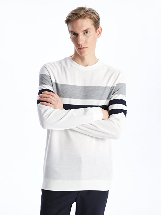 Bisiklet Yaka Uzun Kollu ?izgili Erkek Sweatshirt
