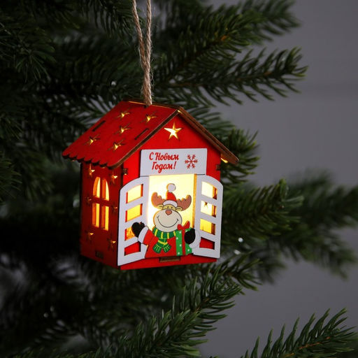 Ёлочная игрушка Дом с оленем, 8.7х4.6 см, 1 LED, от батареек, свечение тёплое белое