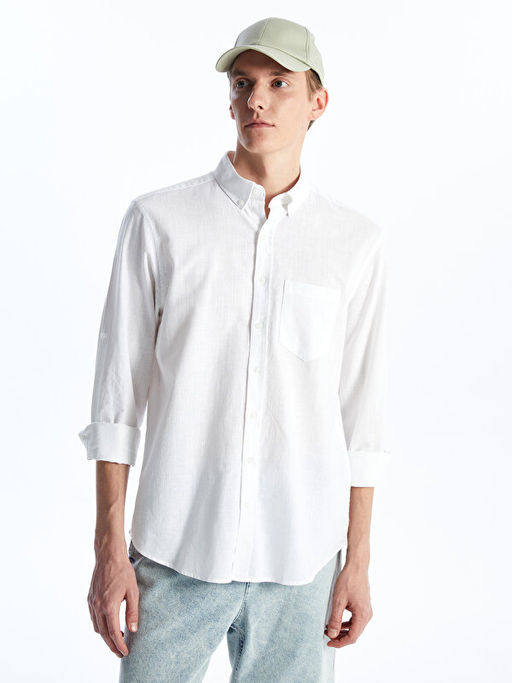 Regular Fit Uzun Kollu Keten Kar???ml? Erkek G?mlek