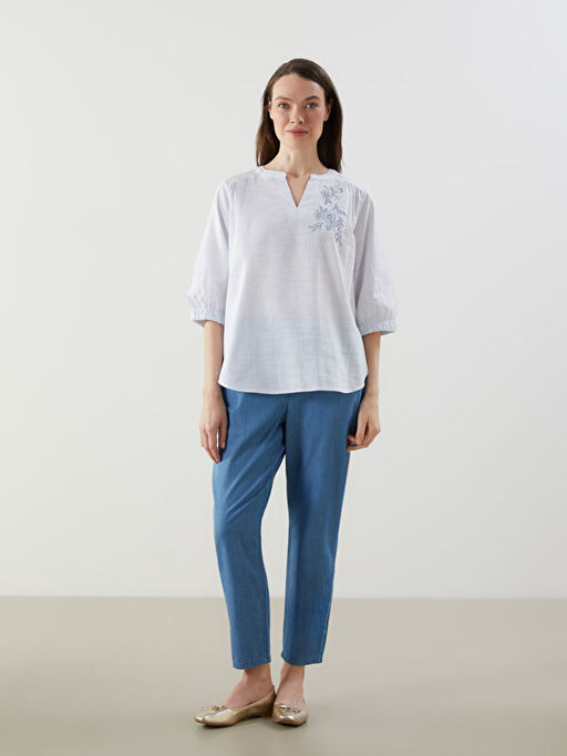 Ka??k yaka ?izgili Nak??l? Poplin Kad?n Bluz