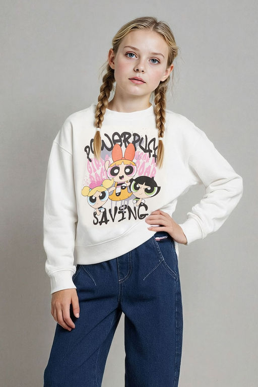 PowerPuff Girls Oversize Geni_ Kal_p Bisiklet Yaka Sweatshirt K_z _ocuk