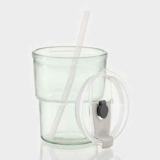 Стакан, 400 мл, с крышкой и трубочкой, стекло, прозрачный