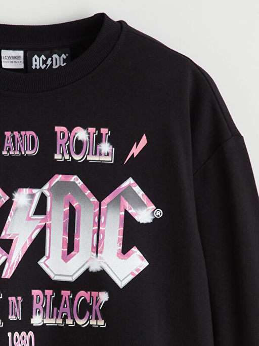 Bisiklet Yaka AC/DC Bask?l? K?z ?ocuk Sweatshirt