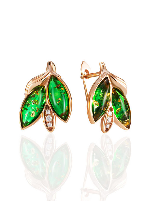 Позолоченные серьги с зелёным янтарём и фианитами Ивушка