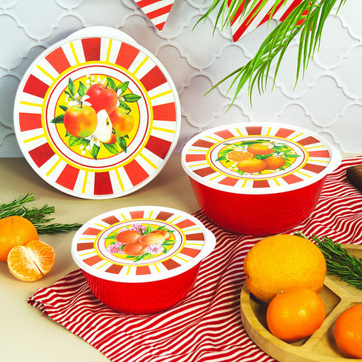 Миска пластмассовая "Bergamo" набор 3шт: 1л, 2л, 3л, с крышкой, с декором "Сицилия", красный (Россия)