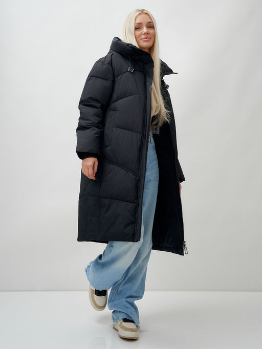 Пальто летучая мышь женское с капюшоном зимнее черного цвета 9616Ch - Mtforce фото 16