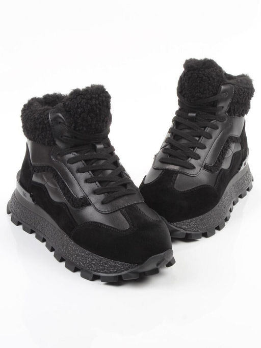 04-WG042-1M BLACK Кроссовки зимние женские (натуральная кожа, натуральная замша, 100% шерсть)