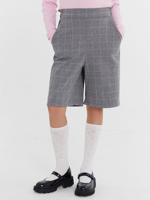 Прямые серые шорты в крупную клетку с рюшей на поясе для девочек - Mark formelle фото 2