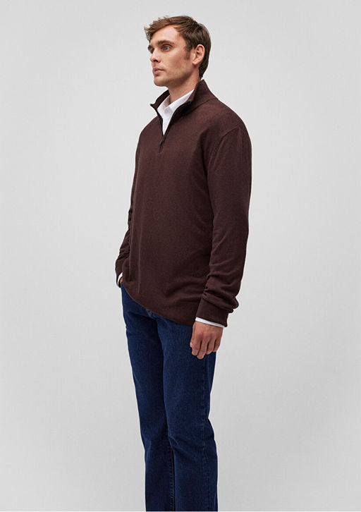 Yar? Fermuarl? Dik Yaka Bordo Kazak - Mavi фото 2