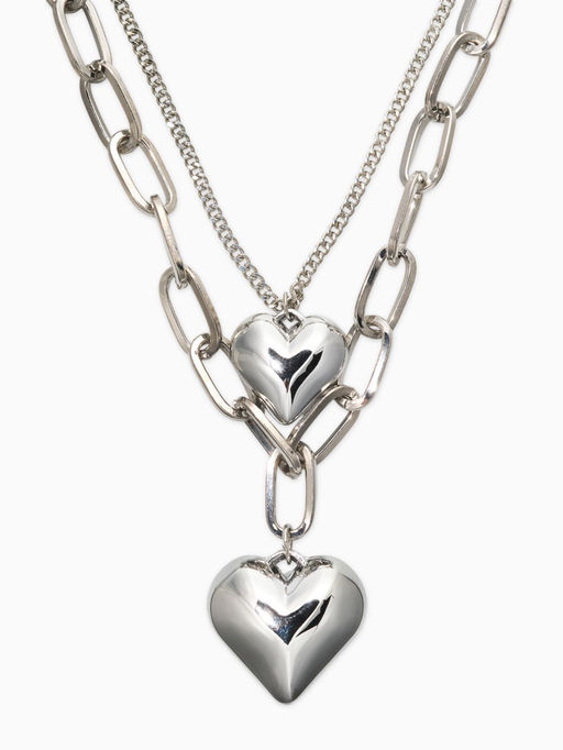 Кулон на цепочке крупное вытянутое звено 2 яруса "Сердечки", цвет серебро