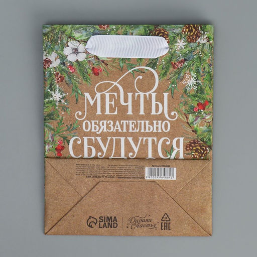Пакет подарочный новогодний крафтовый «Пусть мечты сбудутся», S 12 х 15 х 5.5 см