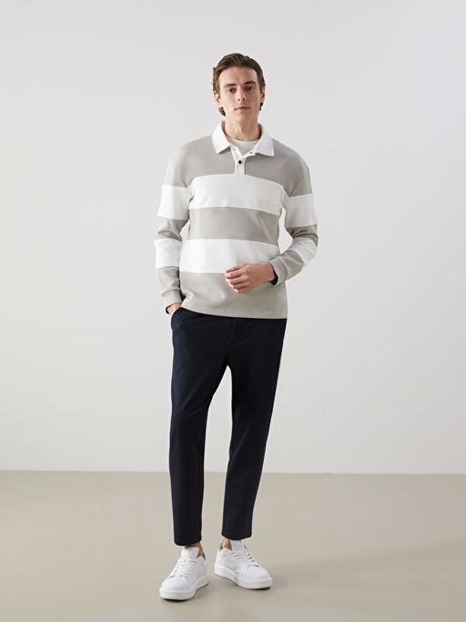 Polo Yaka Uzun Kollu ?izgili Erkek Sweatshirt