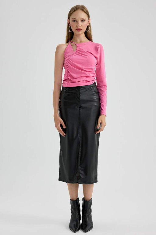 Приталенная футболка с длинным рукавом на одно плечо - Defacto фото 5