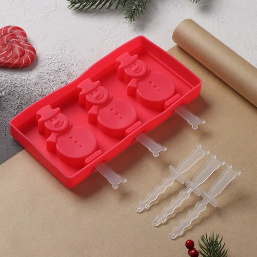 Форма для мороженого новогодняя Доляна Снеговик, силикон, 18?9?2 см, 3 ячейки, с палочками, красная
