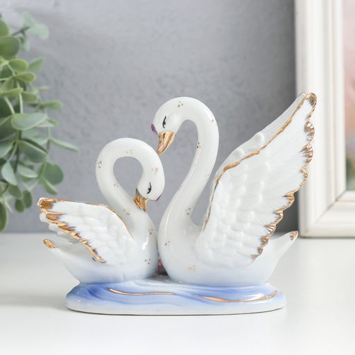 Фигурка керамика «Лебедь с лебёдушкой в пруду, в горошек», 10 см