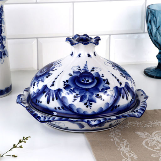 Блинница с крышкой «Цветок», блюдо, 24×15 см, фарфор, гжель