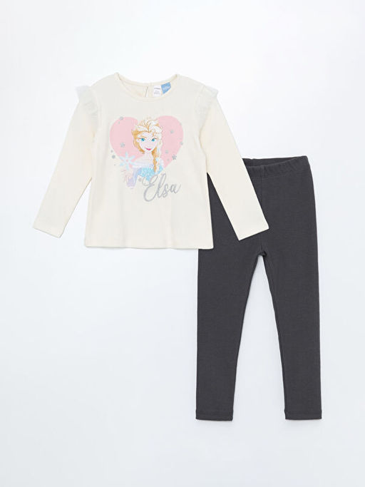 Bisiklet Yaka Uzun Kollu Elsa Bask?l? K?z ?ocuk Bluz ve Tayt 2li Tak?m