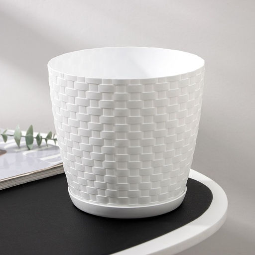 Цена за 2 шт. Горшок для цветов с поддоном «Ротанг», 3 л, d=17 см, h=17 см, пластиковый, белый