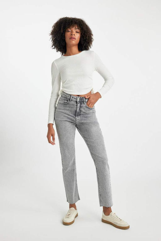 Джинсовые брюки прямого кроя прямого кроя с высокой талией и длинными штанинами Mary Vintage - Defacto фото 3