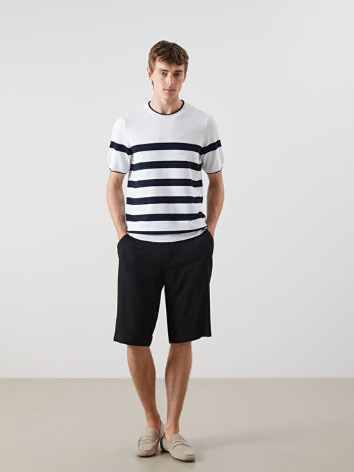 Bisiklet Yaka K?sa Kollu ?izgili Erkek Triko Kazak