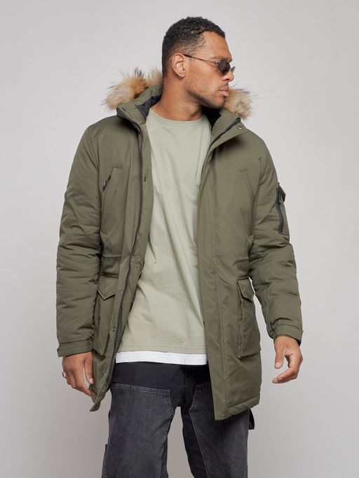 Парка мужская зимняя удлиненная с мехом цвета хаки 8318Kh - Wonderrman фото 7